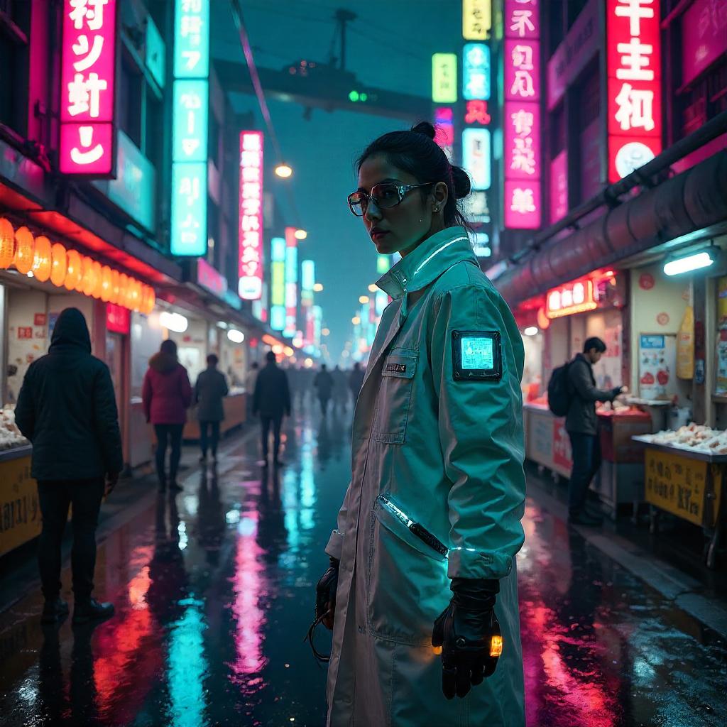 Neon Storm: Scientist on a Crowded Cyberpunk Street