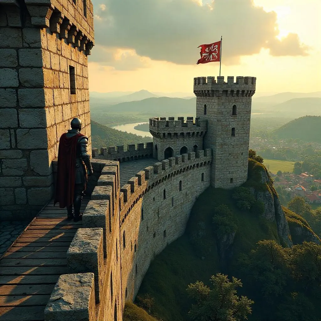 Photorealistic Castle Battlements at Sunset
