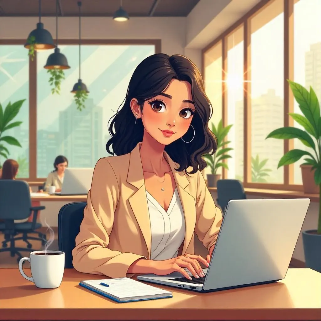 Anime Indian Woman in a Bright Coworking Space