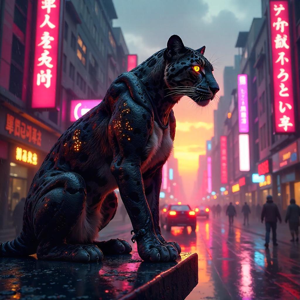 Leopard at Neon Sunset: A Cyberpunk City