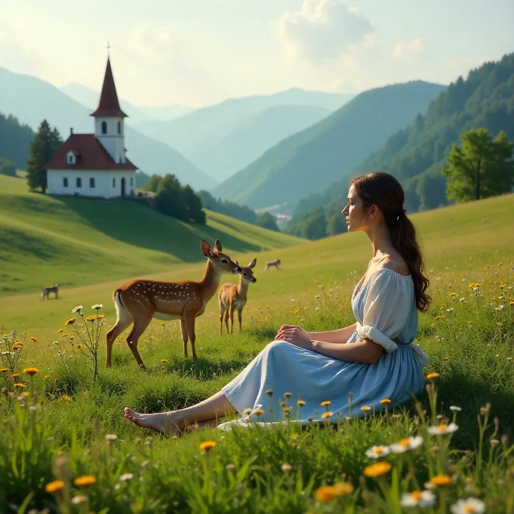 Woman among deer in Slovenian hillside churchscape