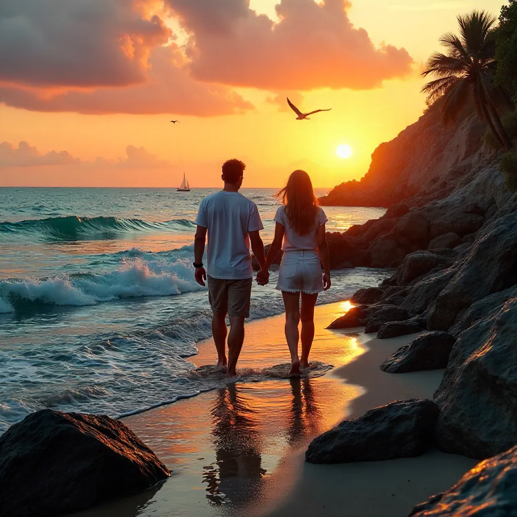 Romantic Sunset Stroll on Rocky Shoreline