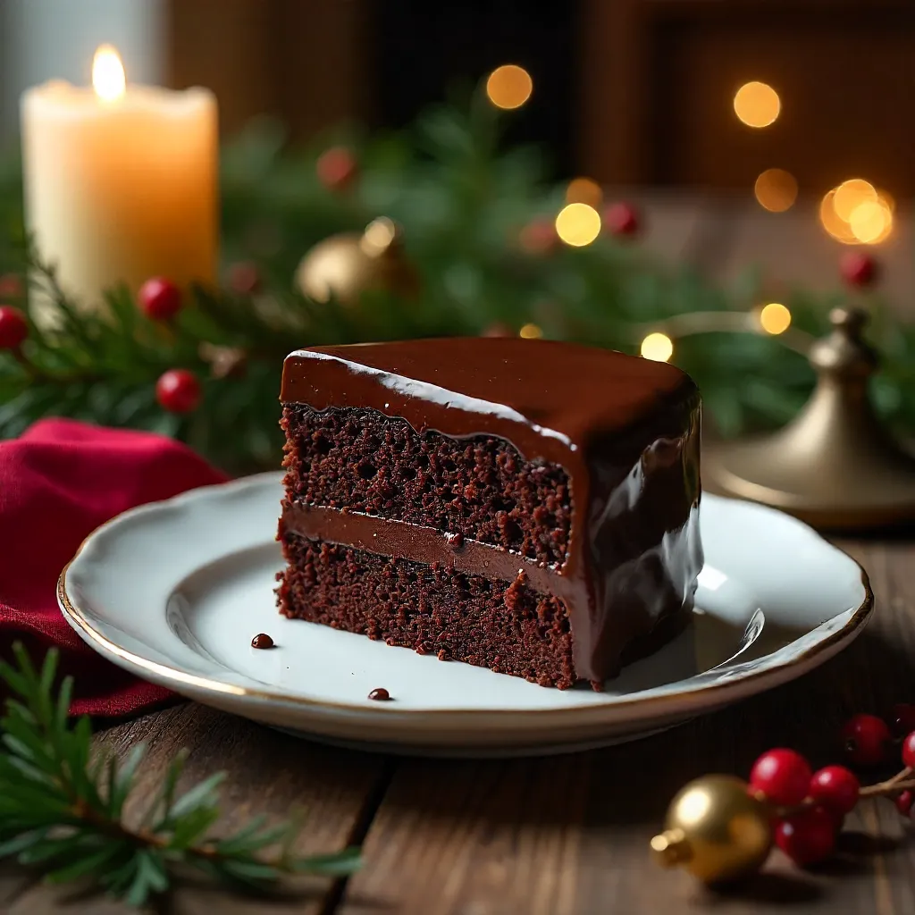 Chocolate Cake Slice on a Festive Candlelit Table