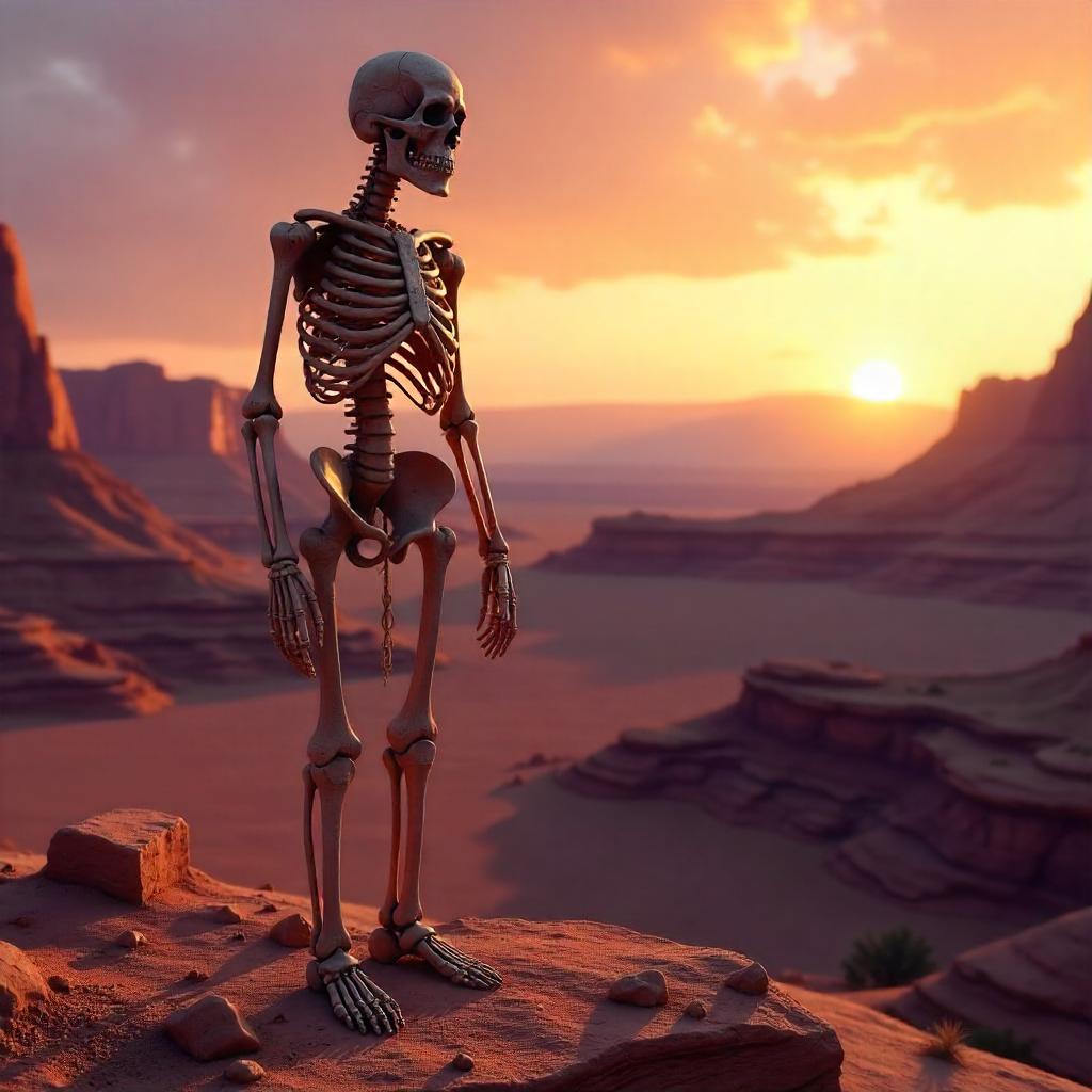 Skeleton 3D Render in a Sunset Mesa Landscape