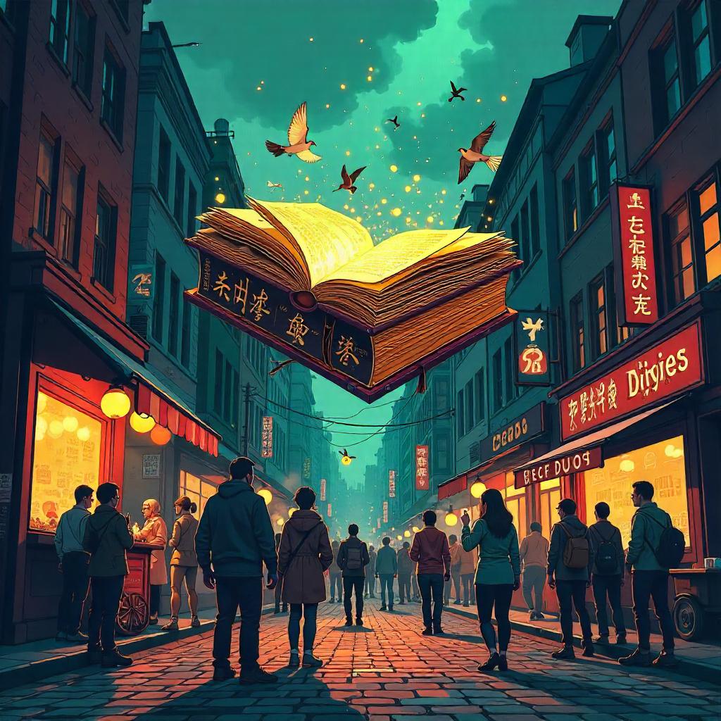 Mystical Tome in a Bustling Cartoon Street
