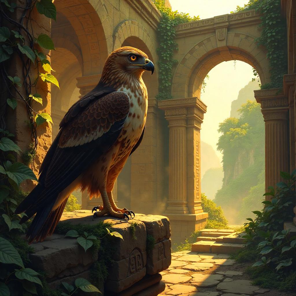 Hawk Over Temple Ruins in Digital Dawn