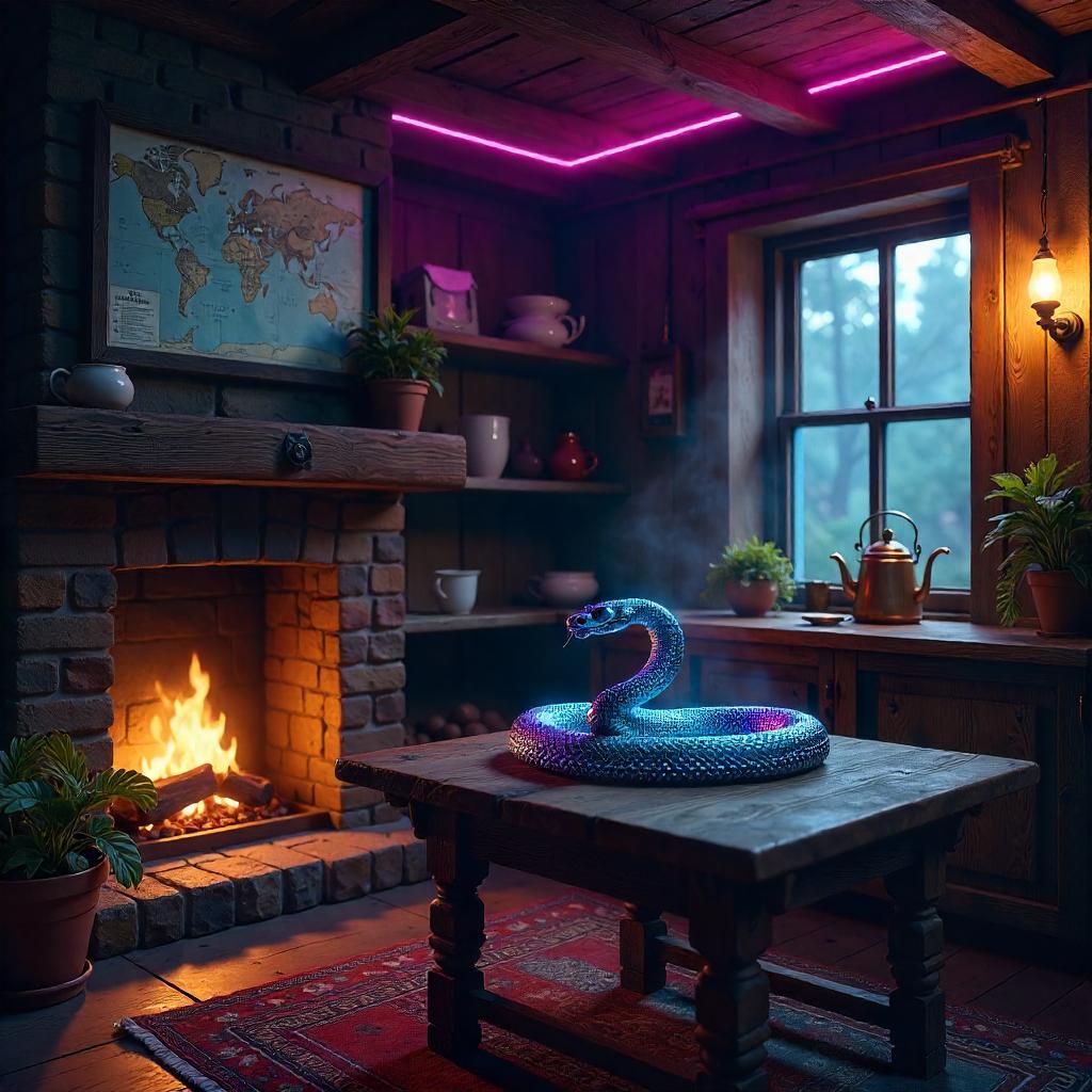 Neon Serpent in a Cozy Cyberpunk Cottage