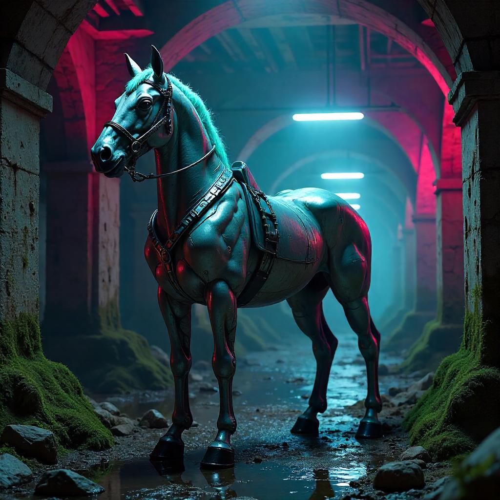 Neon Cyber Centaur in a Damp Dungeon