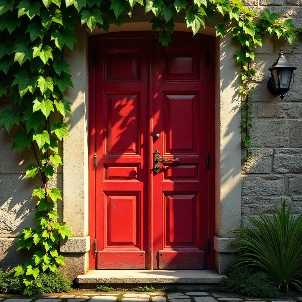 Ivied Red Door on Rustic Stone Wall