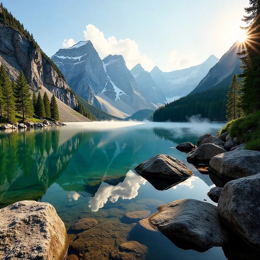 Calm Mountain Lake with Rocky Shoreline