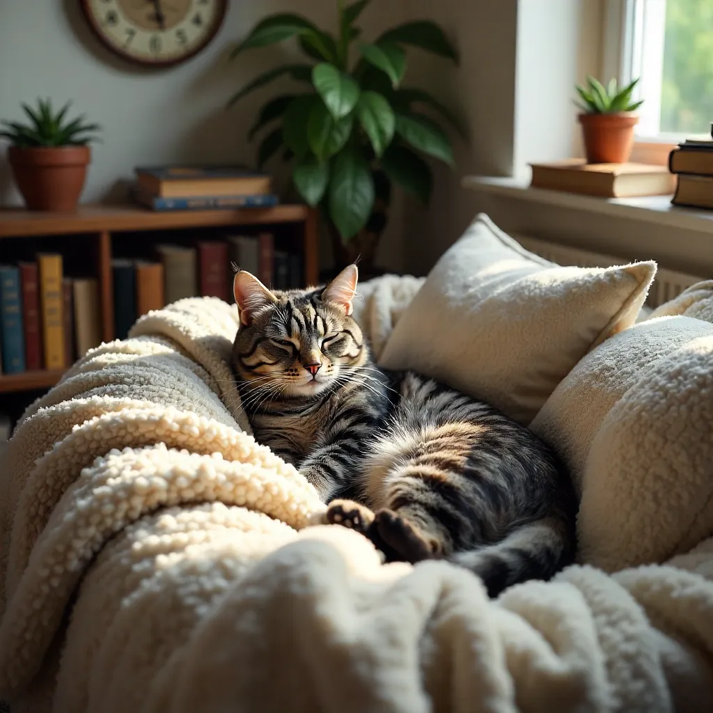 Grey Tabby Cat Lounging in a Cozy Bed with Books