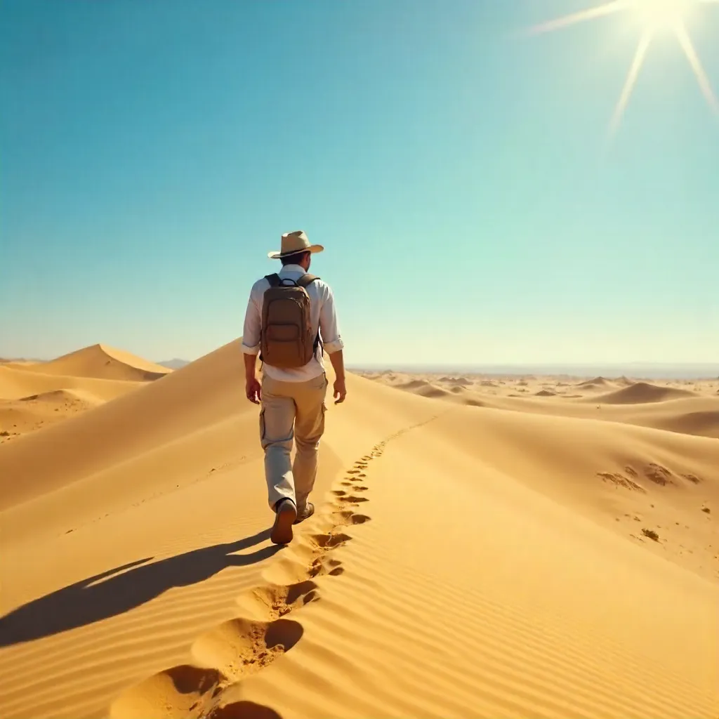 Lone Wanderer Across a Sunlit Desert Dune