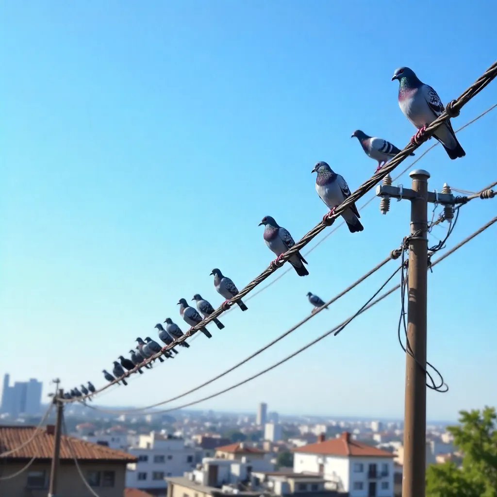 Pigeons on Power Lines in a Clear Urban Sky
