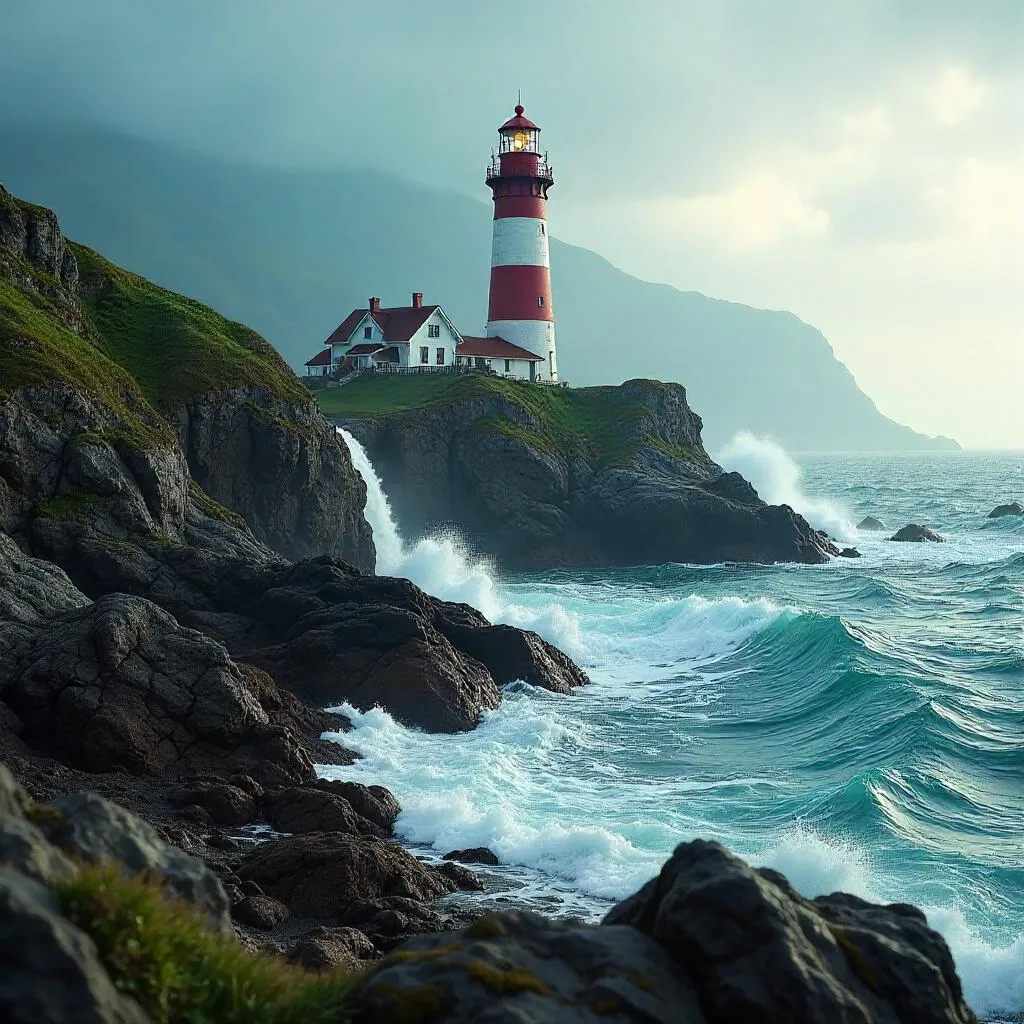 Lighthouse Beside a Misty Waterfall
