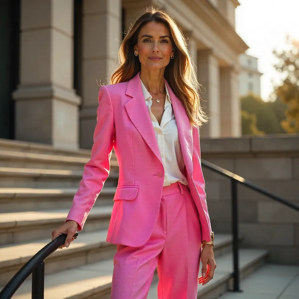 Confident Pink Suit on Outdoor Steps