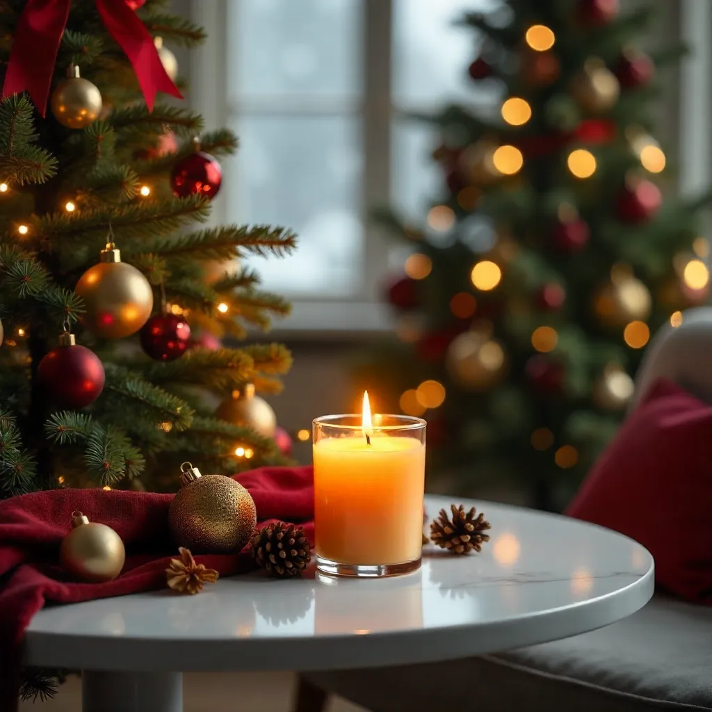 Festive Candle Beside a Decorated Fir Tree on a Round White Table