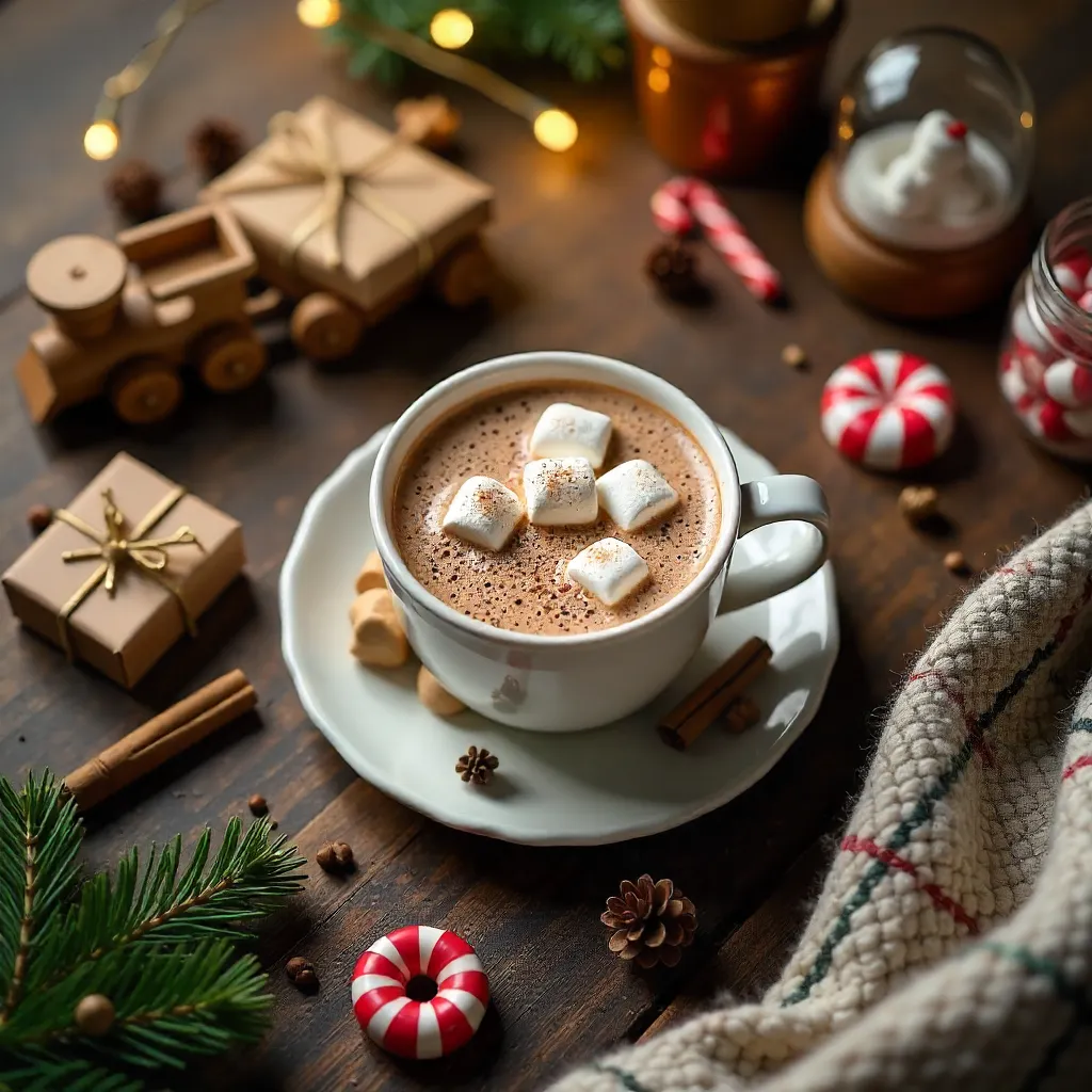 Cozy Festive Flat Lay: Cocoa, Marshmallows & Toys