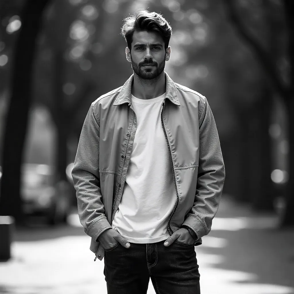 Moody Black-and-White Outdoor Portrait of a Casual Model