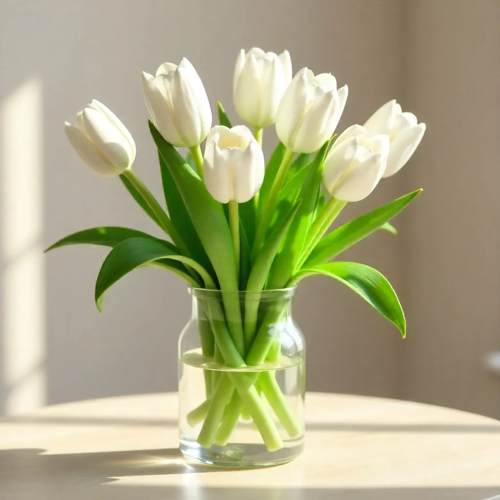 Serene White Tulips in Glass Vase Under Daylight