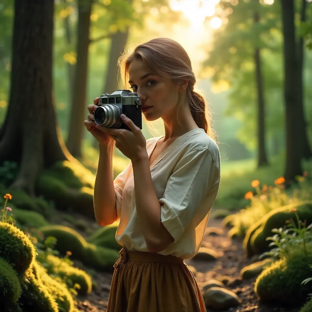 Woman with Vintage Camera in Lush Outdoor Light