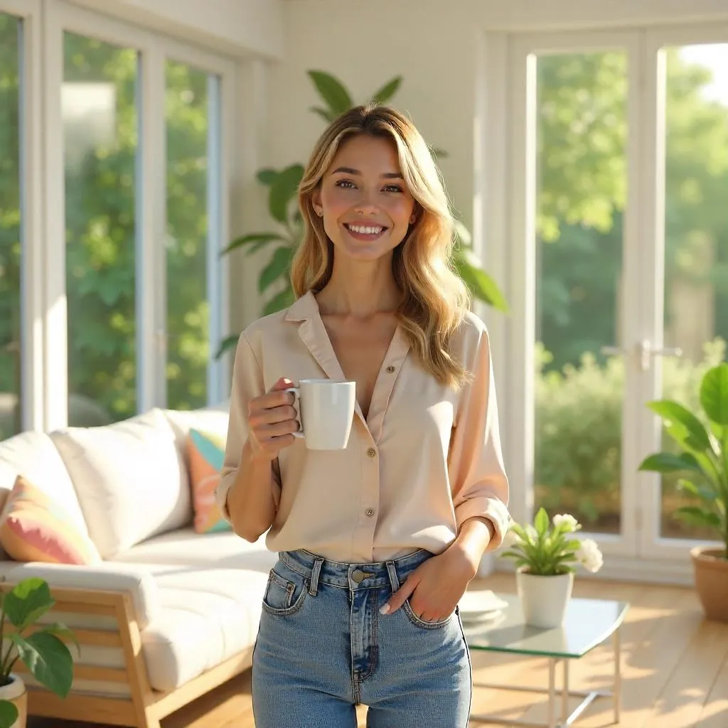 Cheerful White Woman in a Sunlit Sunroom (3D Render)