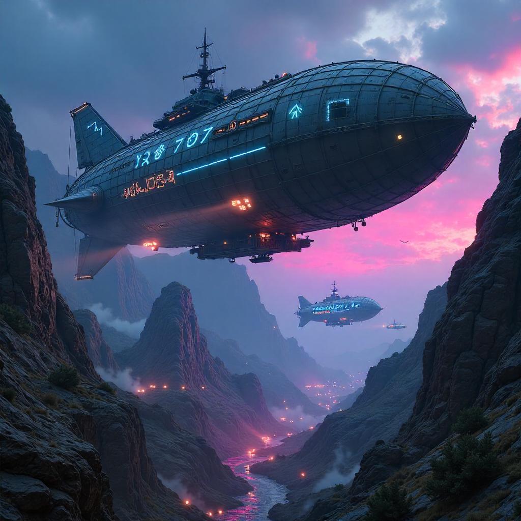 Neon Stone Age Airship: A Cyberpunk Sky Odyssey