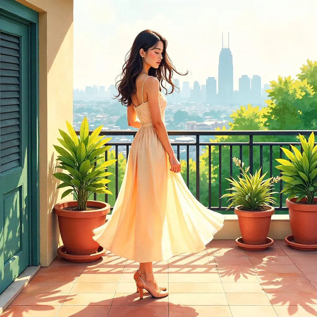 Watercolor Terrace Portrait of an Asian Woman