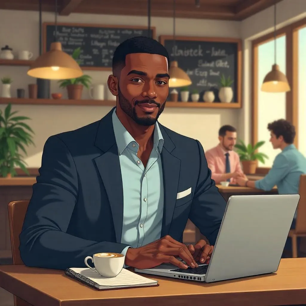 Anime Style Professional Black Man in a Coffee Shop