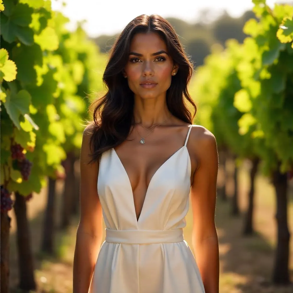 Confident Latina in a Photorealistic Vineyard