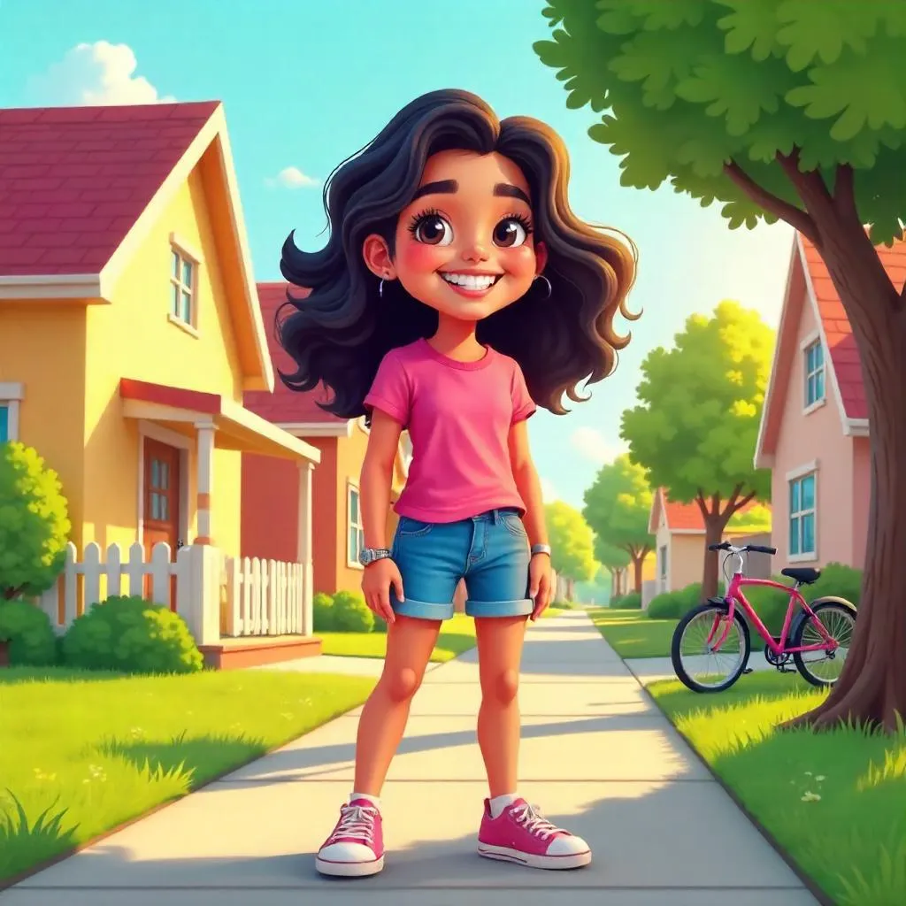 Cheerful Latina Girl in a Suburban Cartoon Scene