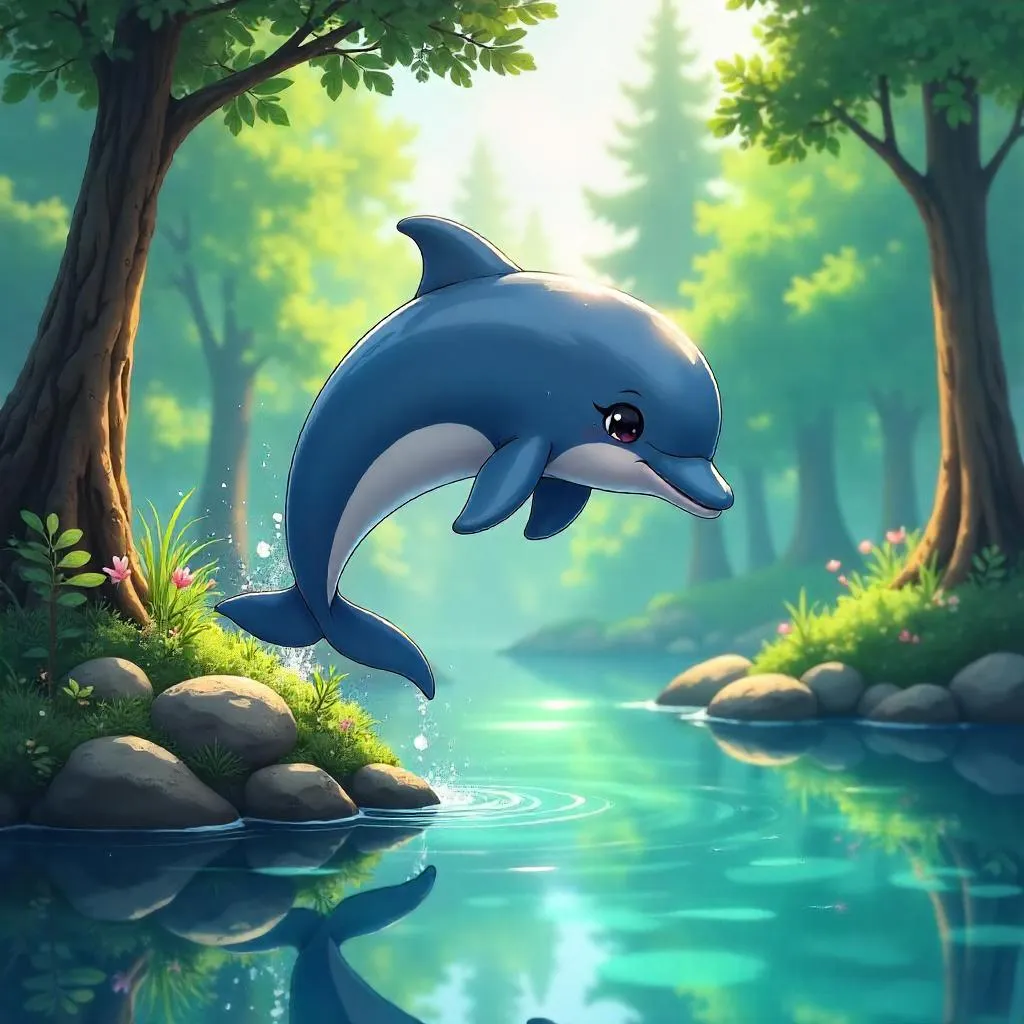 Dolphin Leaping in a Pine Forest (Anime Style)