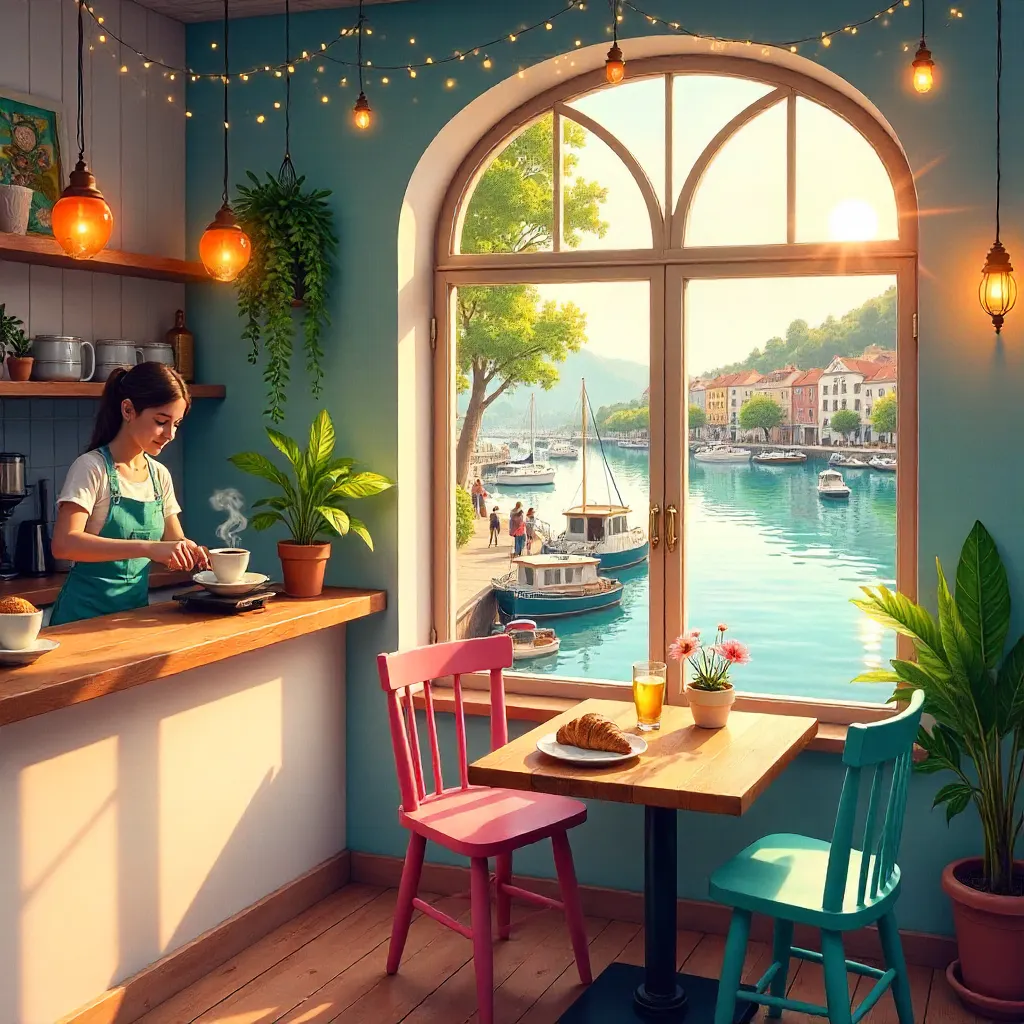 Charming Waterfront Cafe: Colorful Cozy Retreat