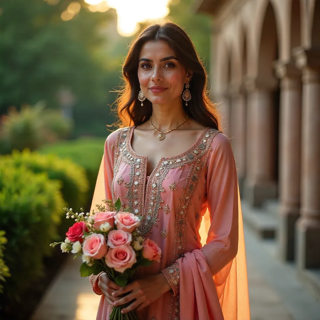 Lahore Style: Woman in Traditional Dress with Flowers