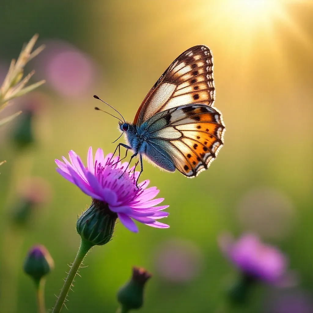 Butterfly on Purple Wildflowers in a Sunlit Meadow