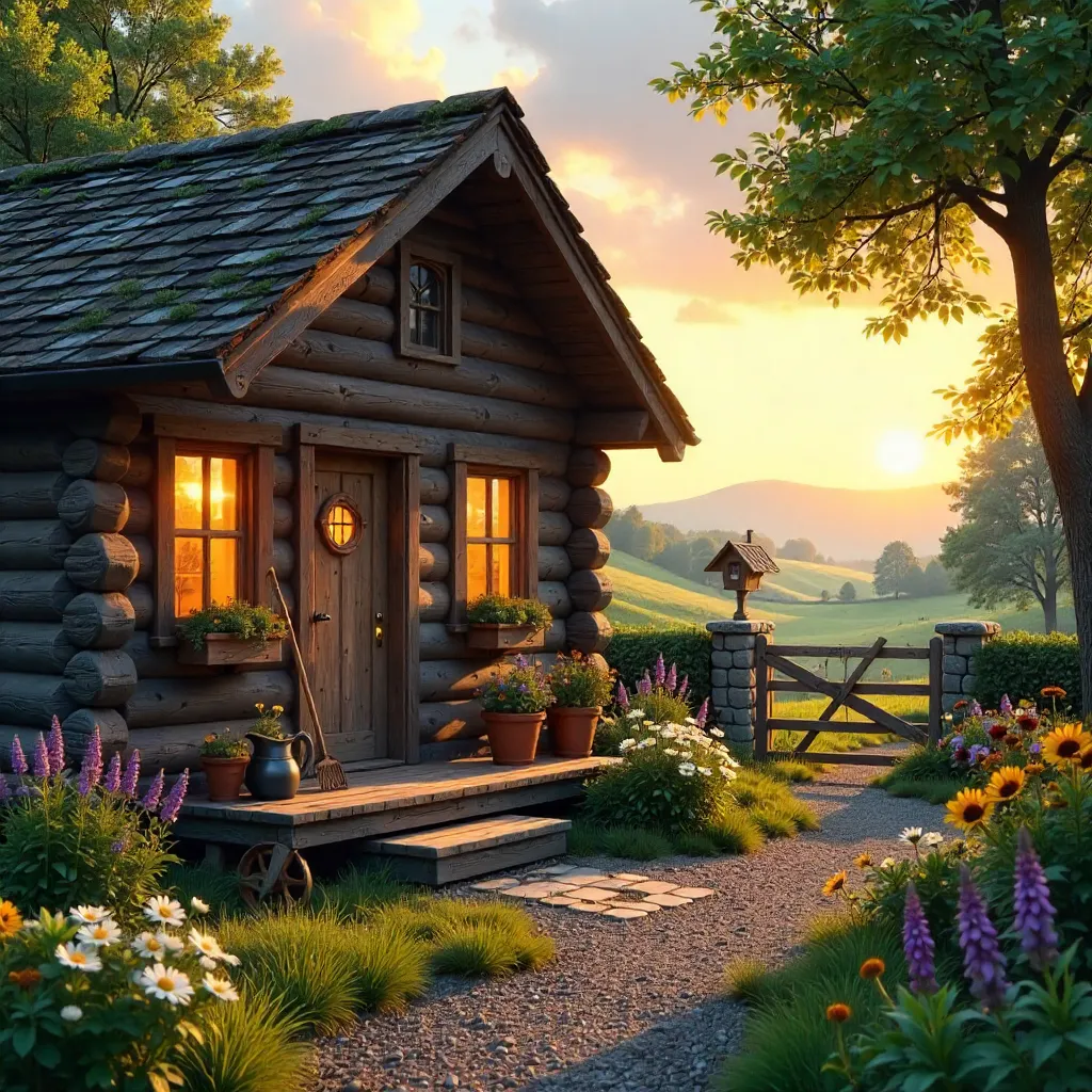 Sunset Glow on a Rustic Log Cabin Garden