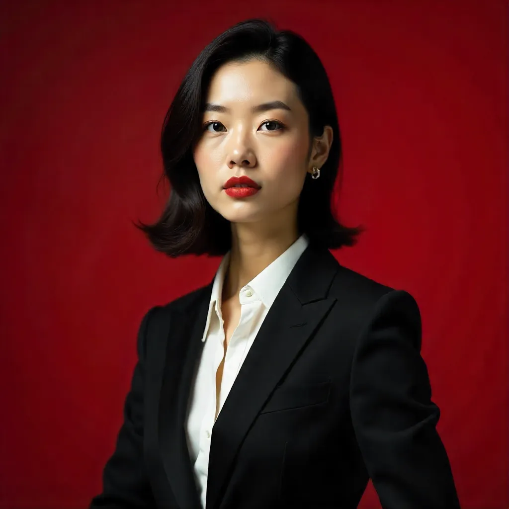 Elegant Portrait: Woman in a Black Suit on Red Backdrop