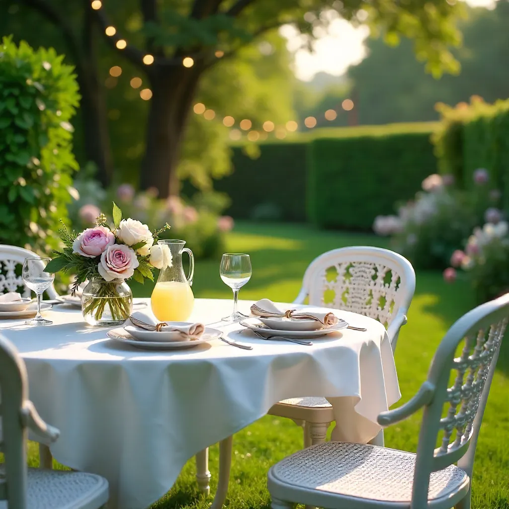 Serene Summer Garden with White Chairs and Table