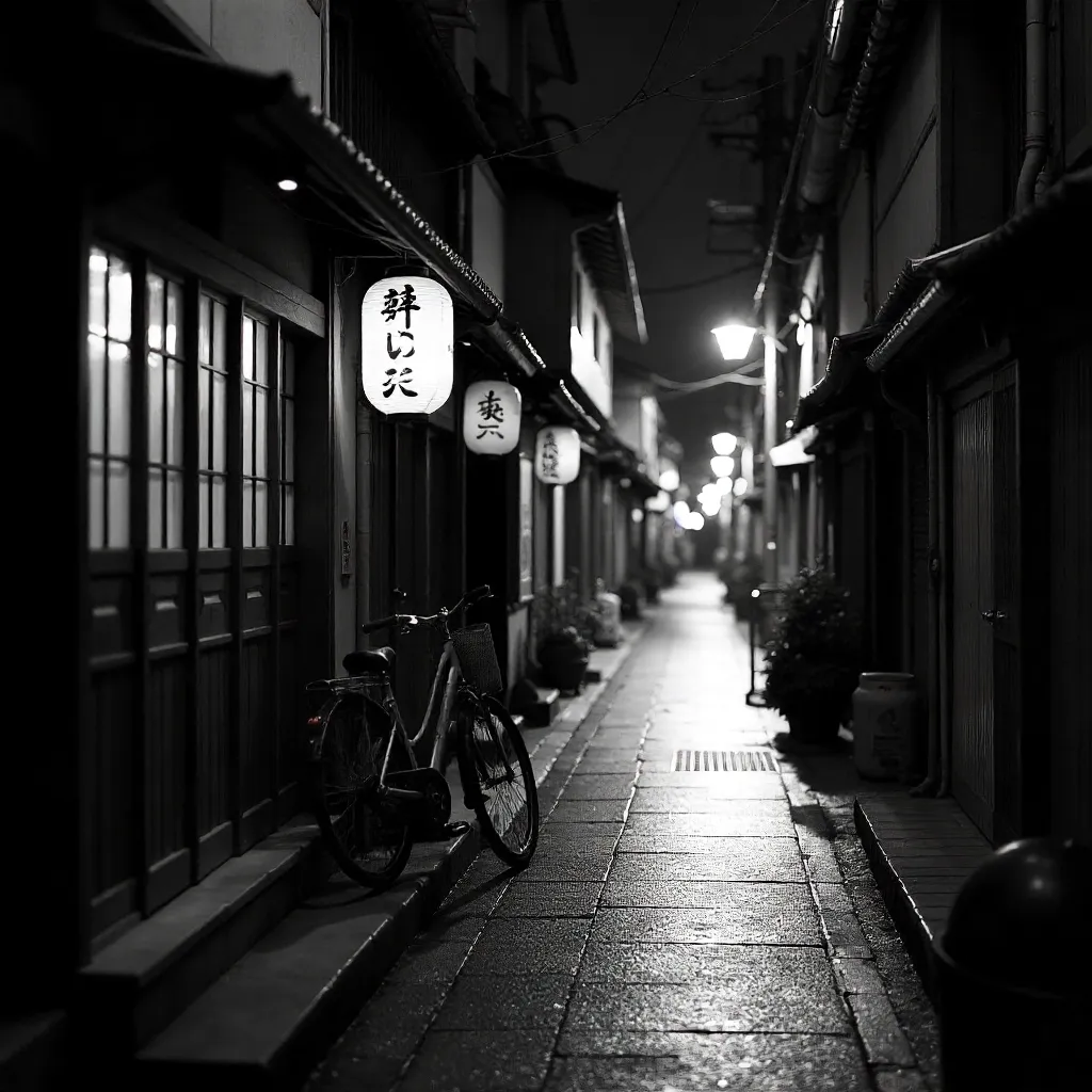 Monochrome Japanese Street: Shops and Bicycles