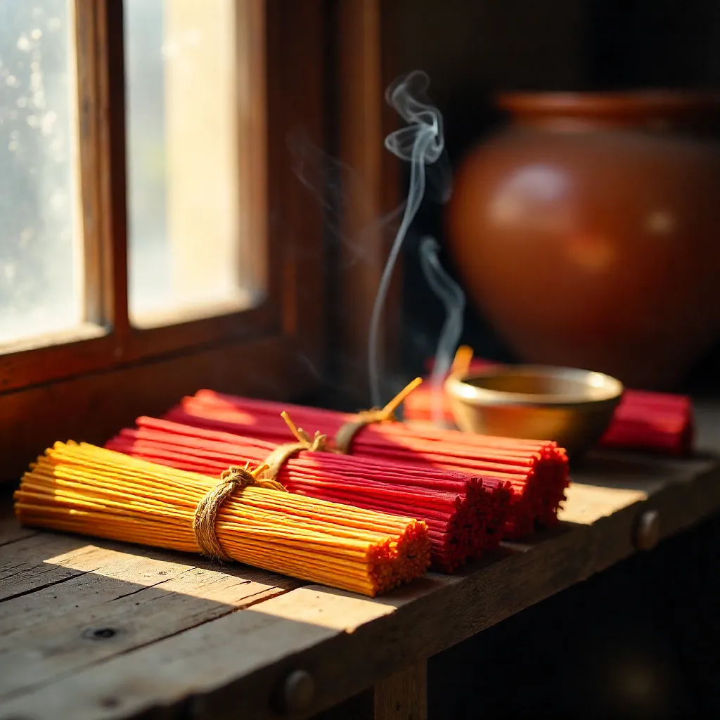 Vibrant Red and Yellow Incense Bundles on Rustic Shelf