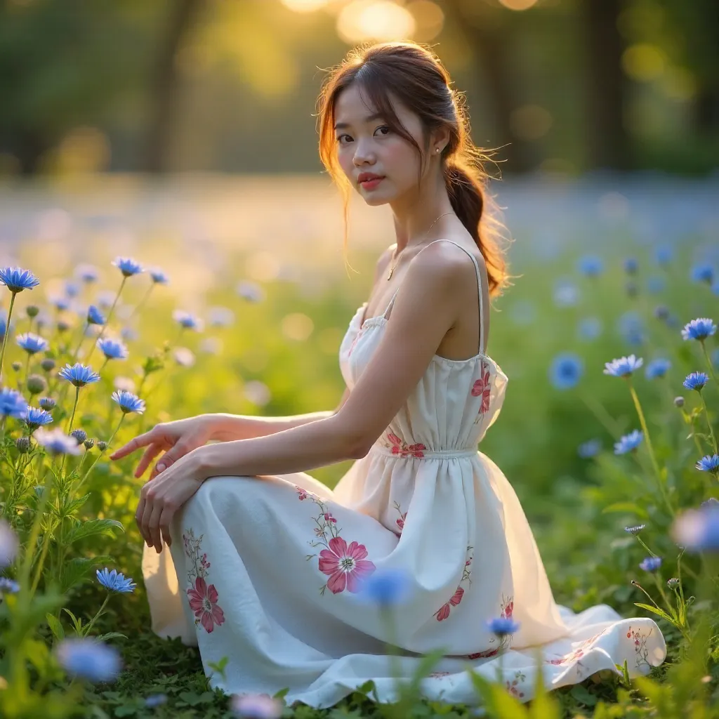 Kneeling Woman in White Floral Dress Amid Blue Flowers