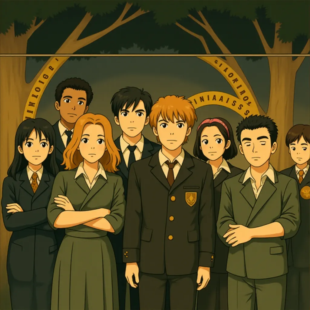 Alfred Enoch, Rupert Grint, Matthew Lewis, Devon Murray, Emma Watson, Georgina Leonidas, Afshan Azad, Shefali Chowdhury, Jessie Cave, and Isabella Laughland in Harry Potter and the Half-Blood Prince (2009) - Anime style