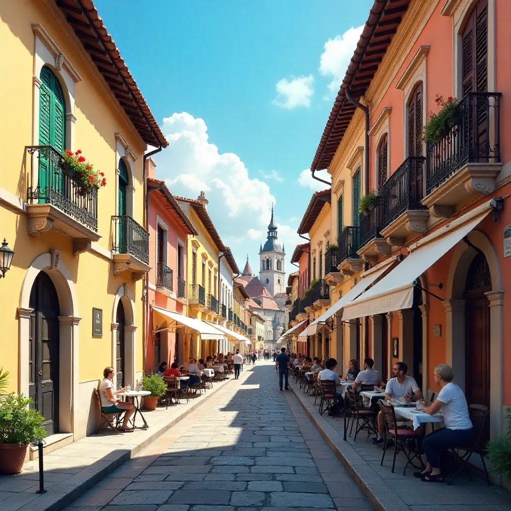 Sunlit European Street with Colorful Historic Facades