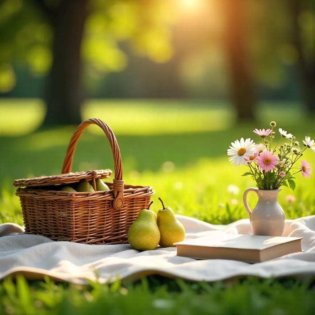 Serene Outdoor Picnic with Basket, Pears, and Book