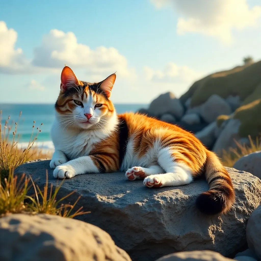 Calico Cat Sunbathing on Large Rocks
