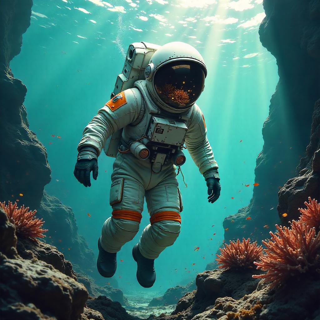 Aqualunar Vision: Astronaut in Deep Sea