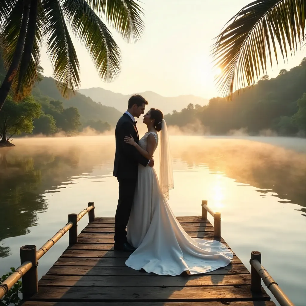 Bride and Groom Embrace on Indonesian Lakeside Dock