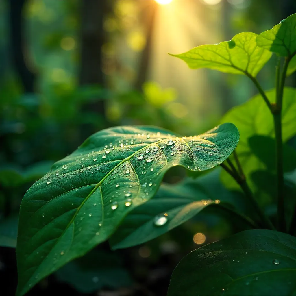 Dew-kissed Tropical Leaves in Rainforest Light