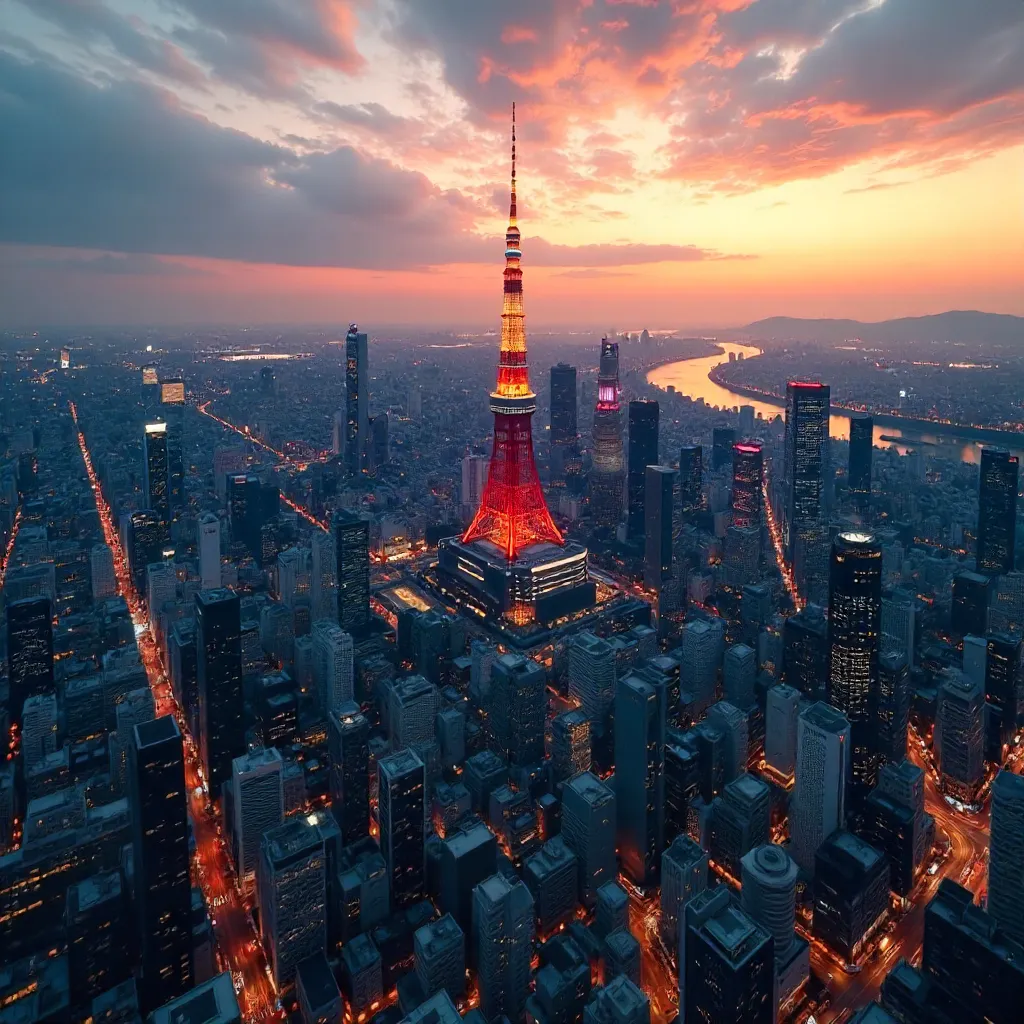 Aerial Tokyo Skytree Amidst the Cityscape Sea