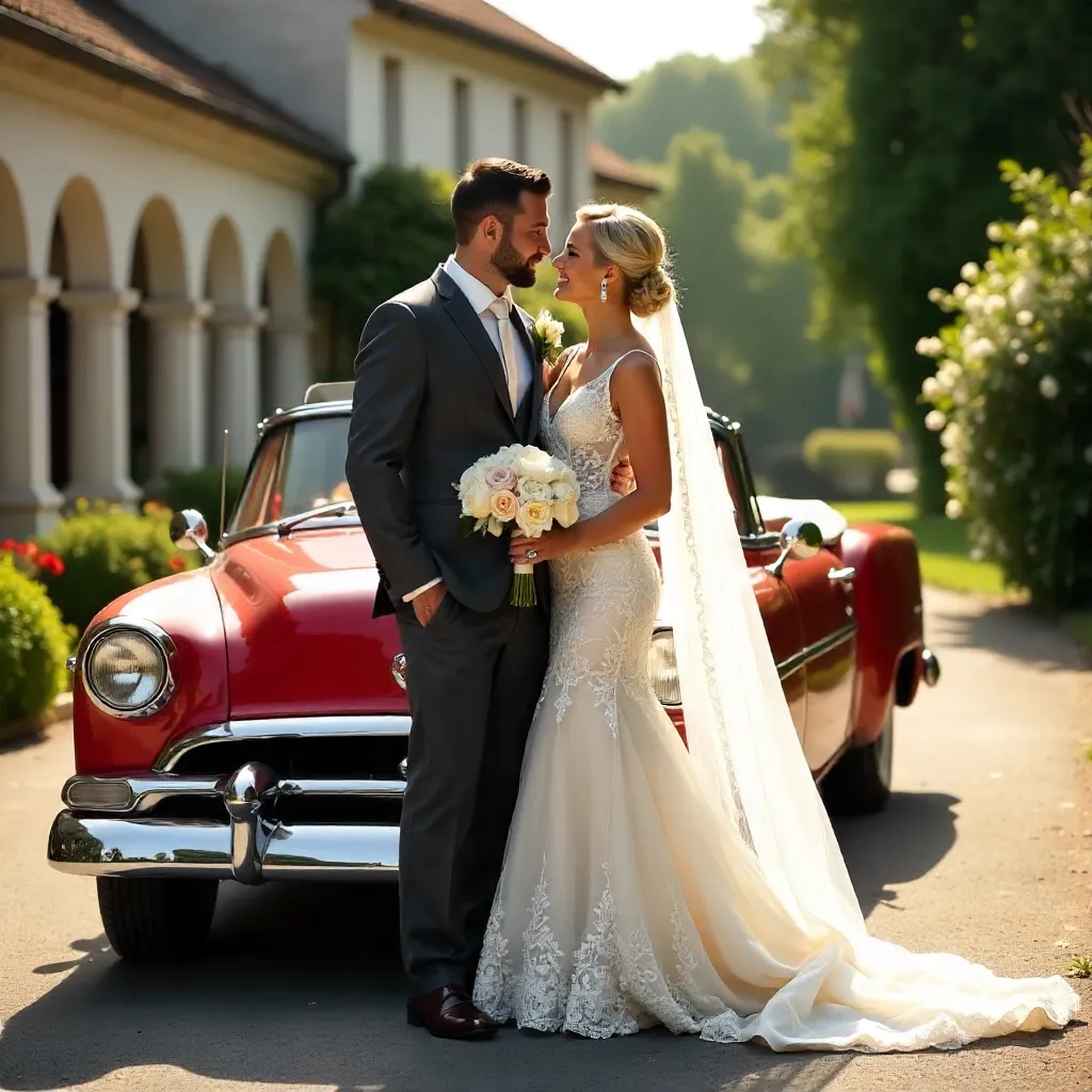 Bride and Groom with Classic Vintage Car Wedding