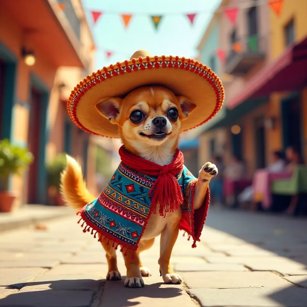 Chihuahua in Colorful Mexican Attire on Urban Street